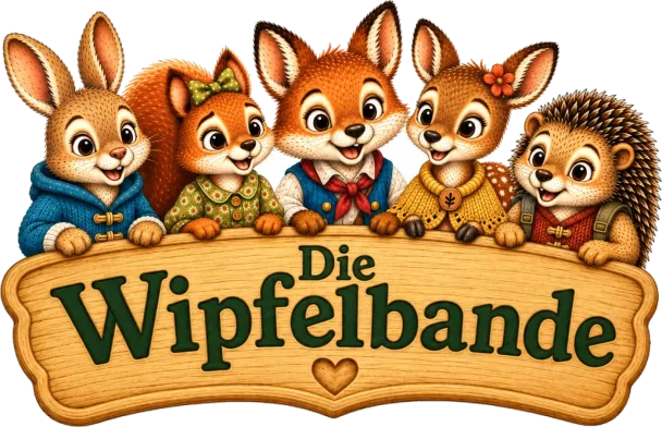 Ein hölzernes Schild mit der Aufschrift „Die Wipfelbande“. Dahinter schauen die fünf Freunde hervor: Timo der Hase, Polly das Eichhörnchen, Frieda die Füchsin, Milla das Rehkitz und Willi der Igel.